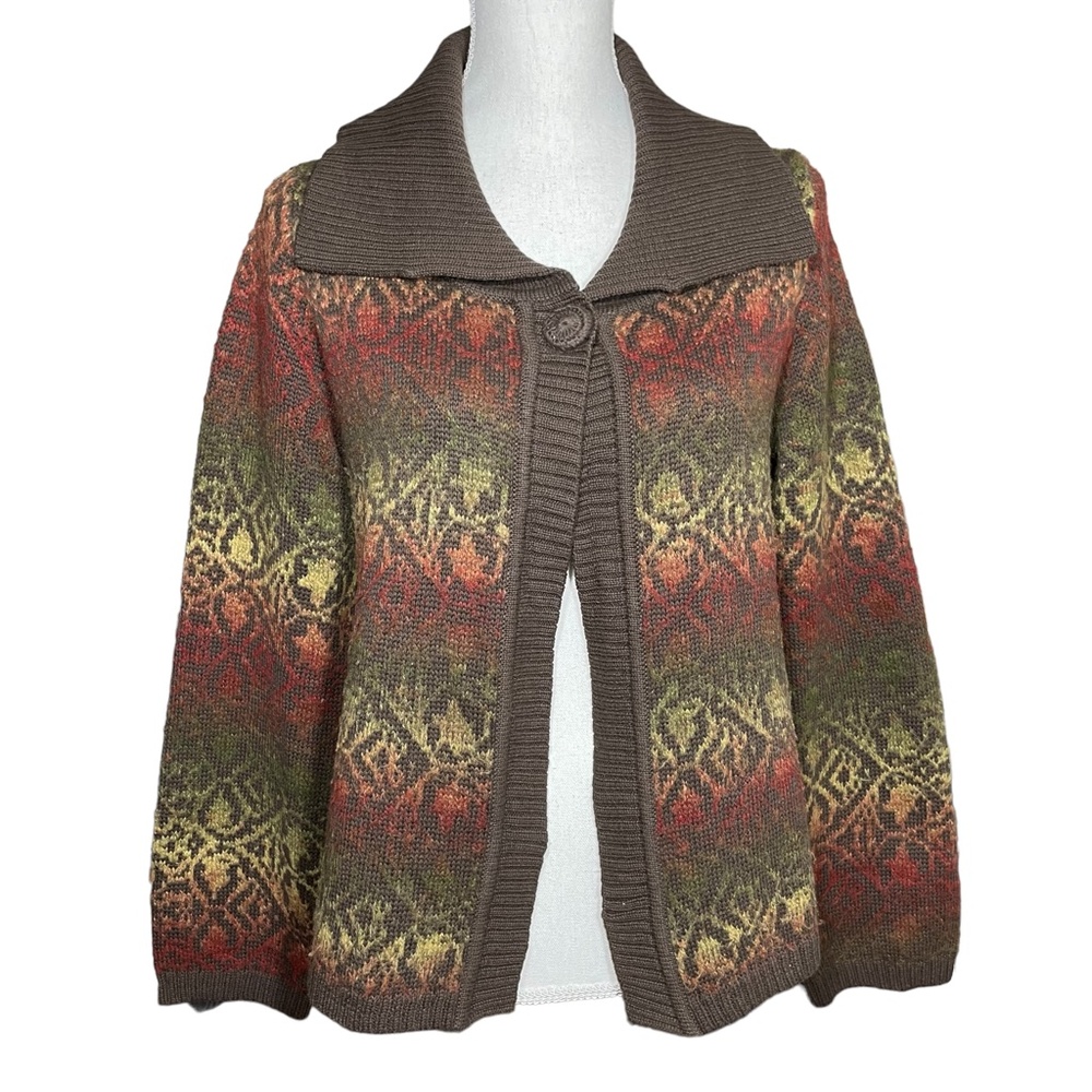 Cotton Blend Fair Isle Cardigan L Vintage VTG Ombre Collared Sweater Green Red